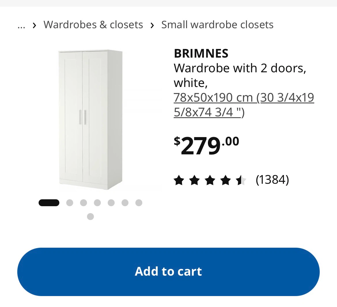 IKEA BRIMNES Wardrobe 2 Doors White 78x50x190 cm