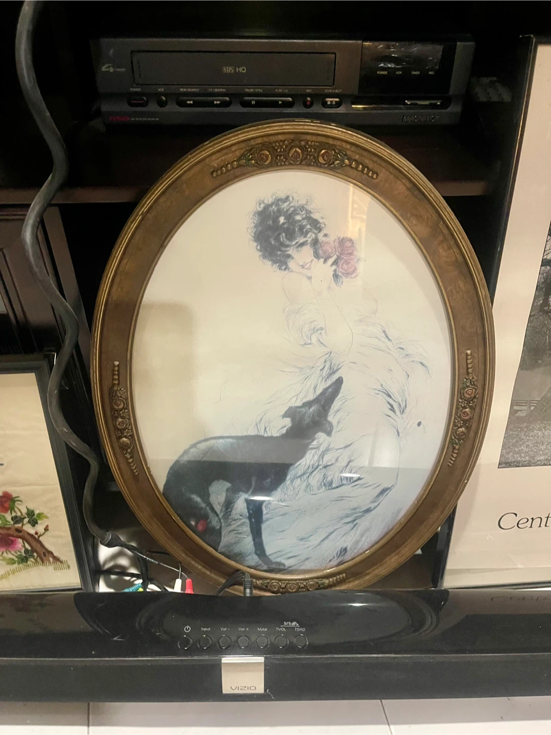 Oval Framed Art Print - Woman with Dog and Roses