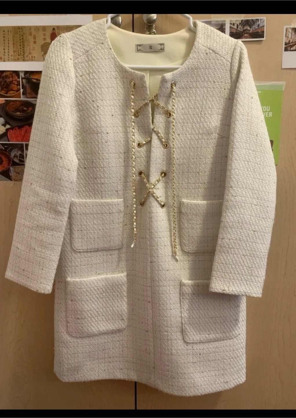 Cream Tweed Jacket with Gold Chain Detail