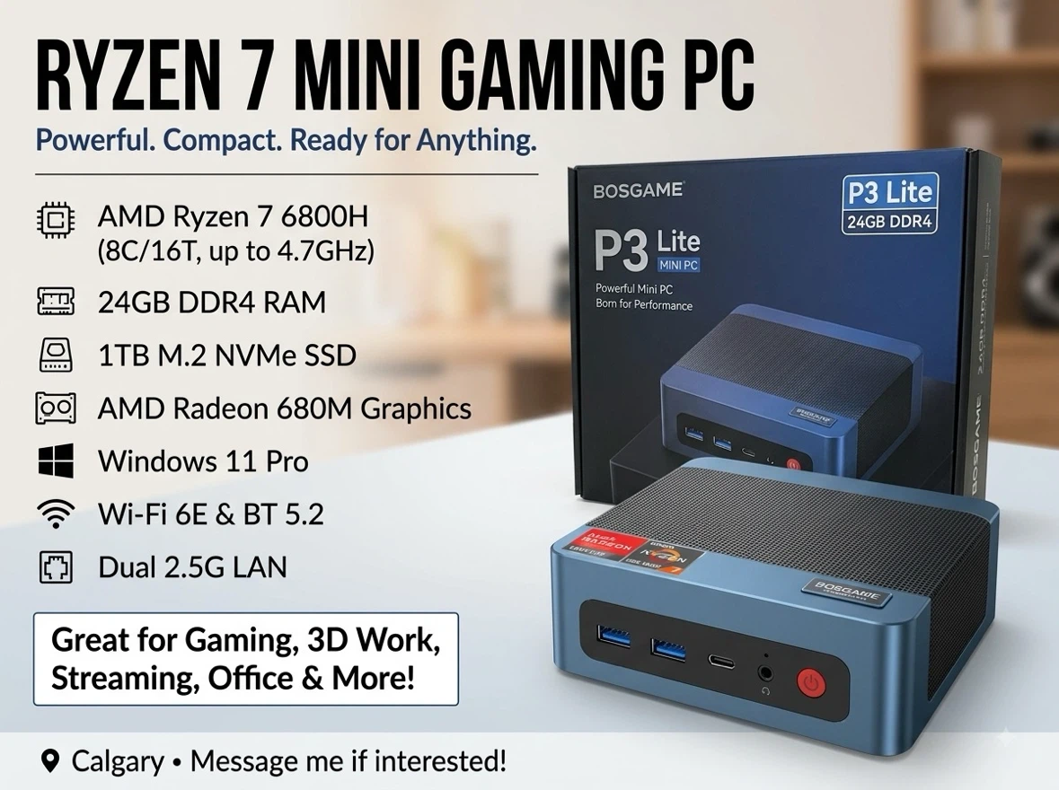 BOSGAME P3 Lite Mini Gaming PC Ryzen 7 6800H 24GB DDR4 1TB SSD