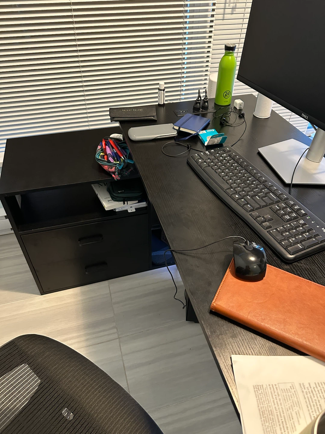 Complete Home Office Setup: Black Desk & Ergonomic Mesh Chair