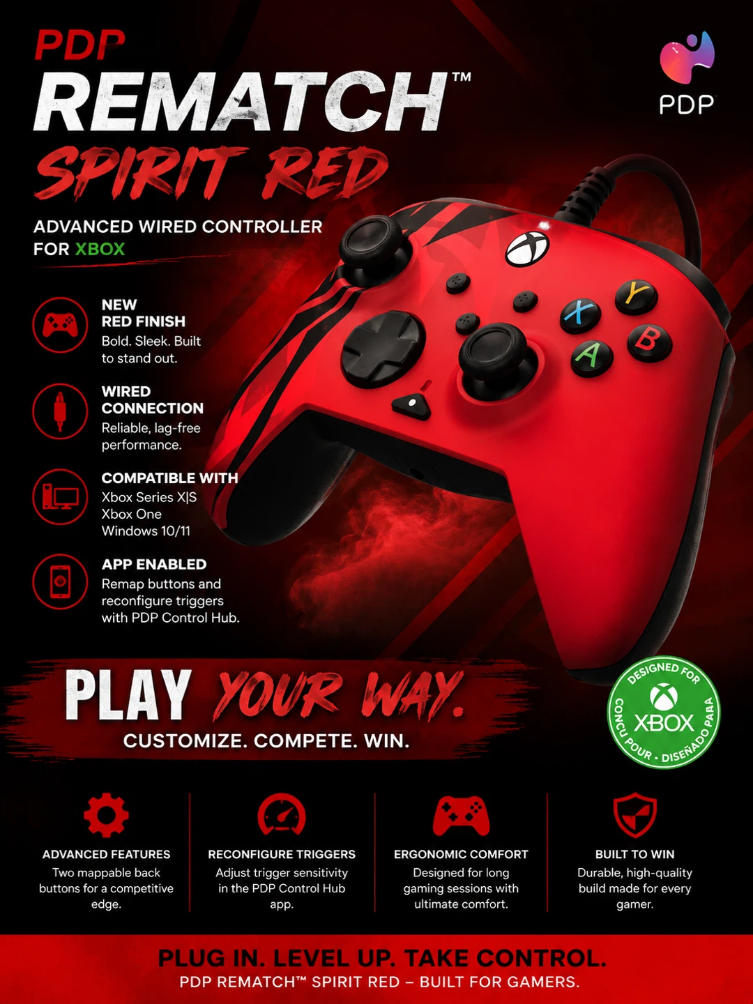 PDP Rematch Spirit Red Advanced Wired Controller for Xbox
