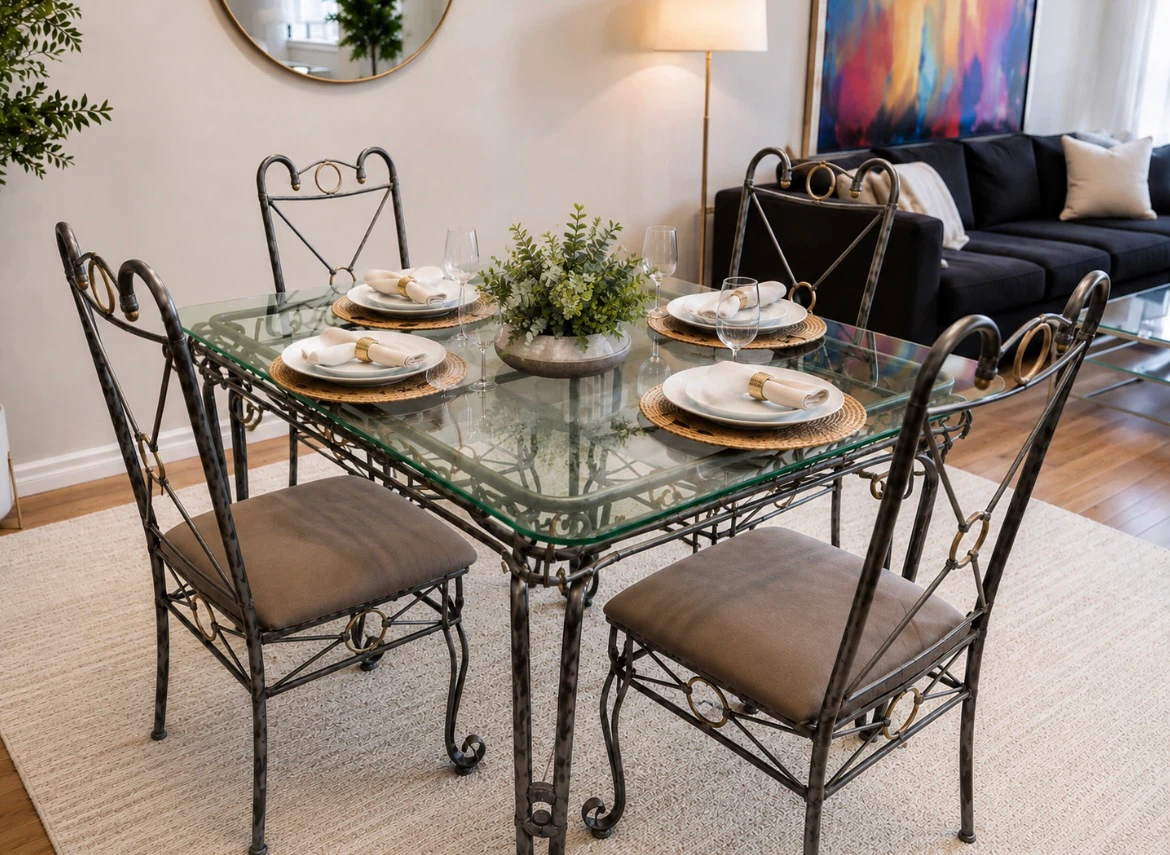 Glass & Wrought Iron Table with 4 Chairs