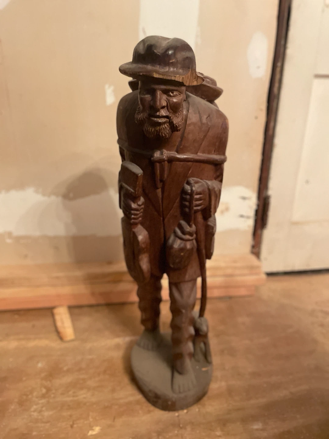 Vintage Hand Carved Wooden Figurine of a Hiker/hobo
