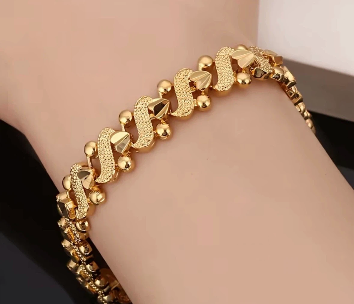 24k Plated Gold Tone Bracelet with Heart and Bead Accents