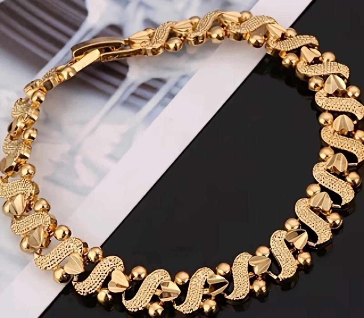 24k Plated Gold Tone Bracelet with Heart and Bead Accents - photo 2