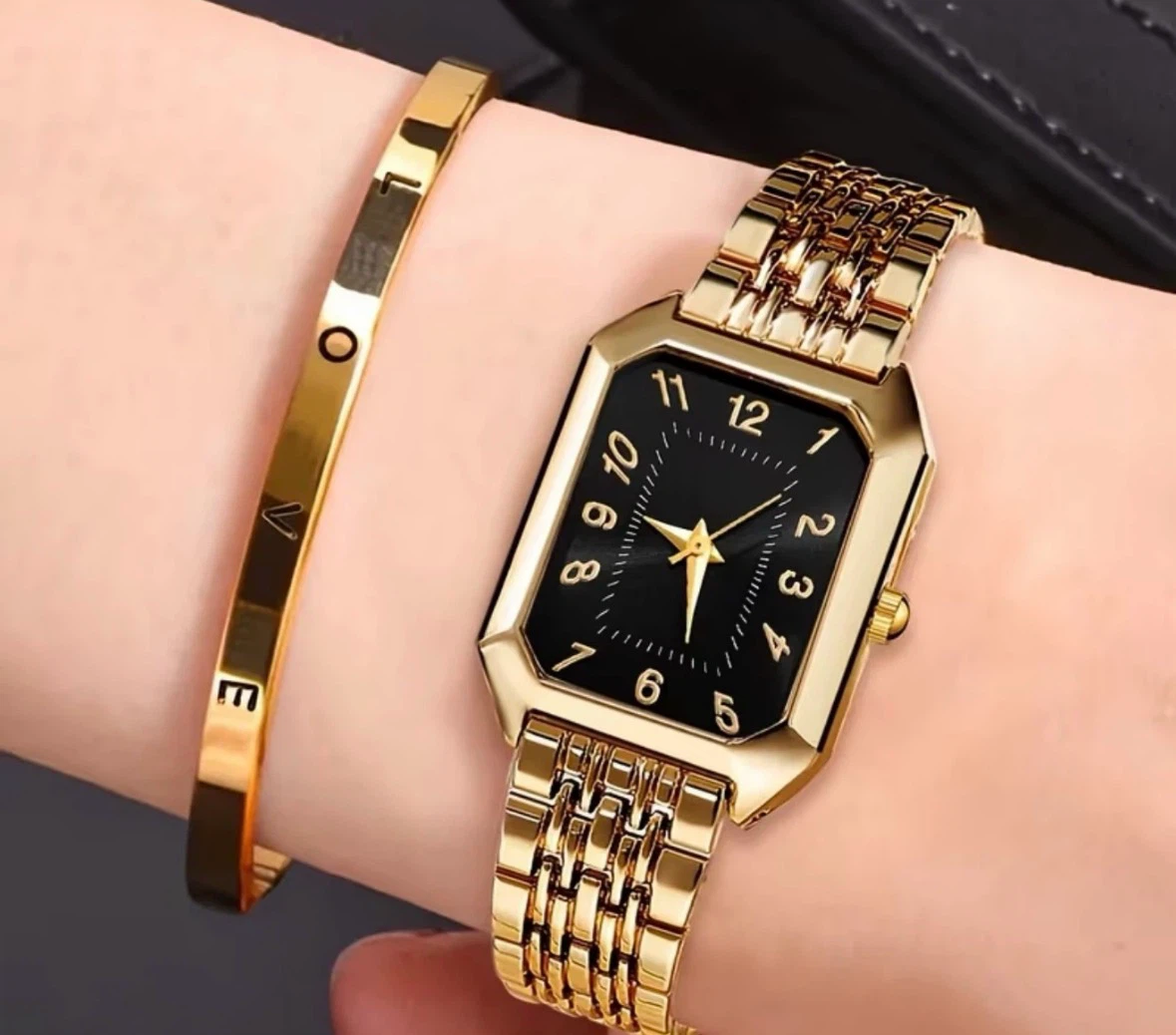 14k Gold Rectangle Watch & LOVE Bracelet Set