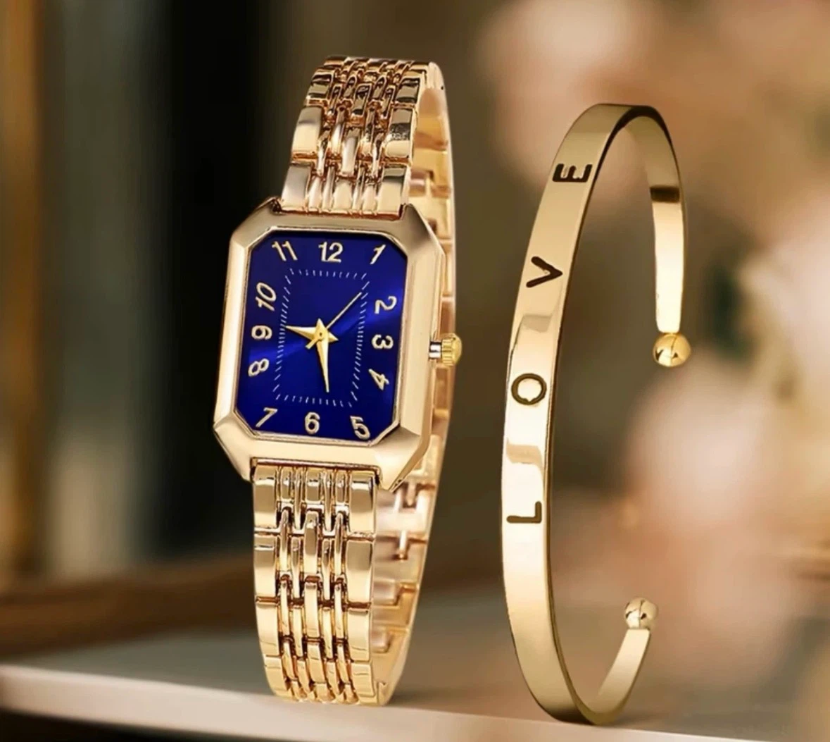 14k Gold Rectangle Watch & LOVE Bracelet Set - photo 2
