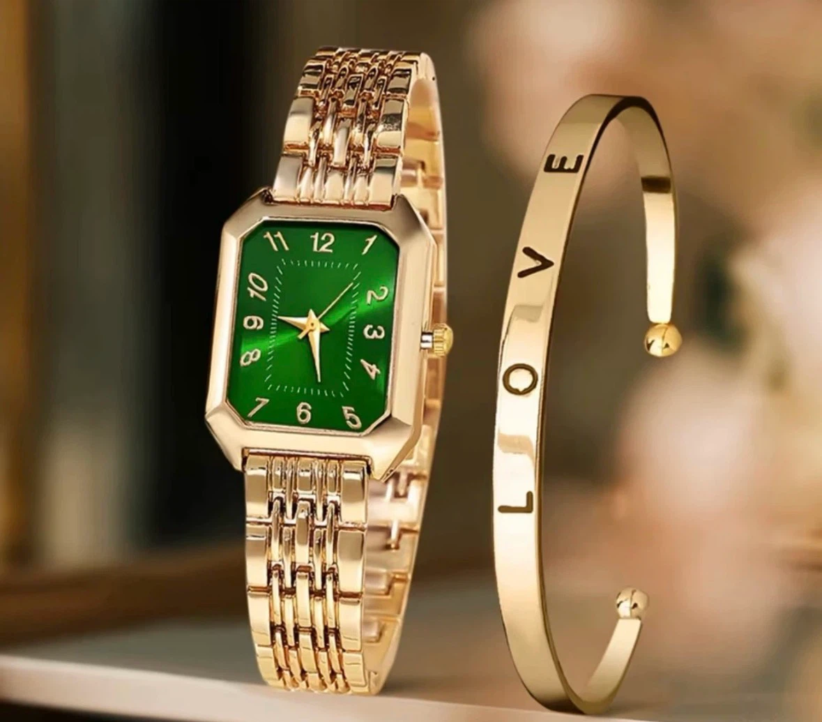 14k Gold Rectangle Watch & LOVE Bracelet Set - photo 3