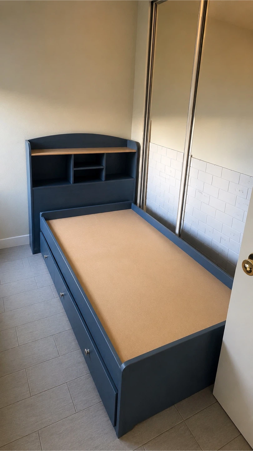 Twin bed with drawers and shelf