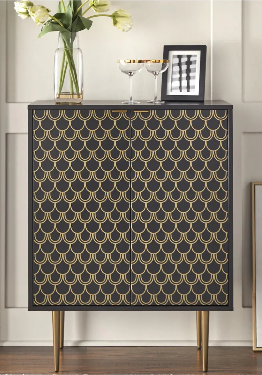 Black Cabinet with Gold Scallop Design