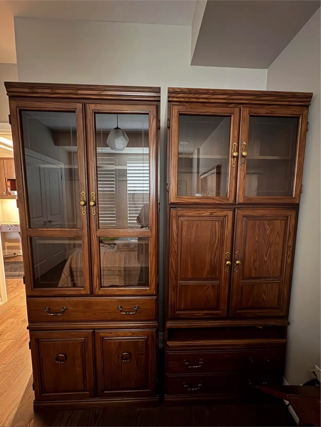 2 Oak and Glass Cabinets