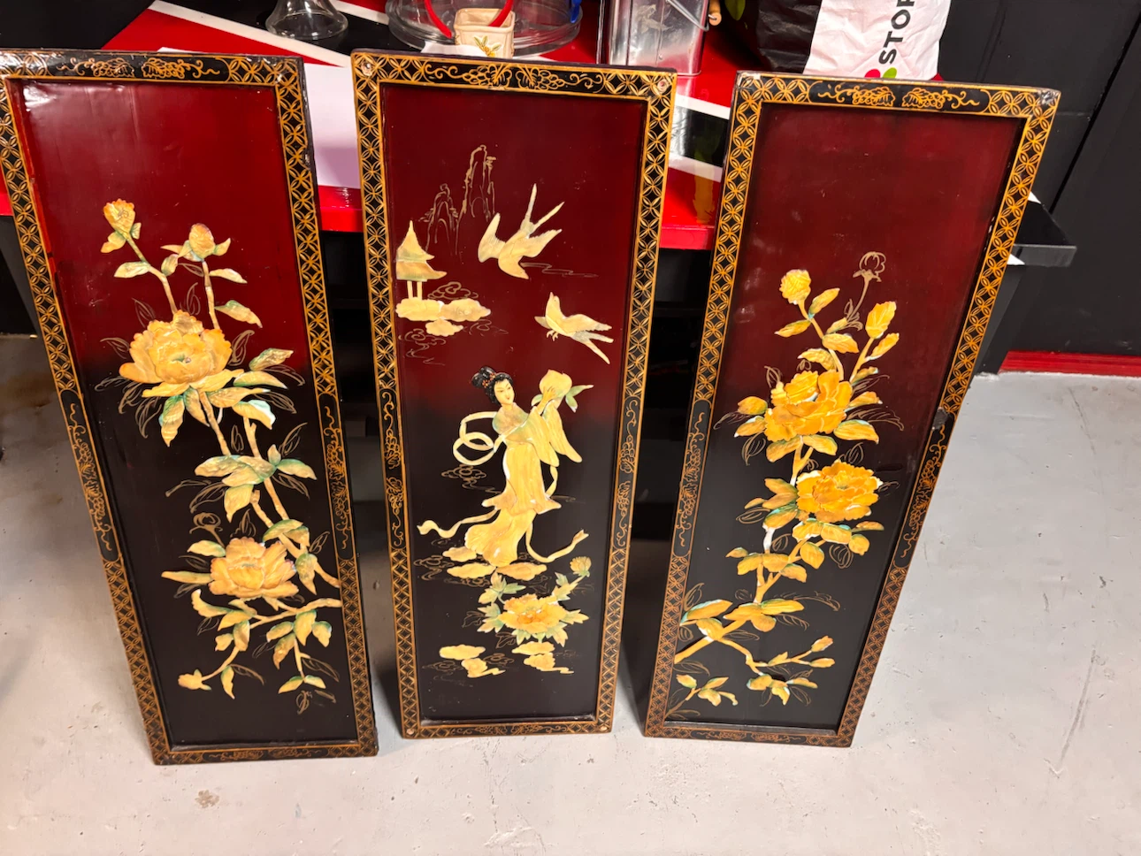 Set of 3 Vintage Asian-Style Decorative Wall Panels