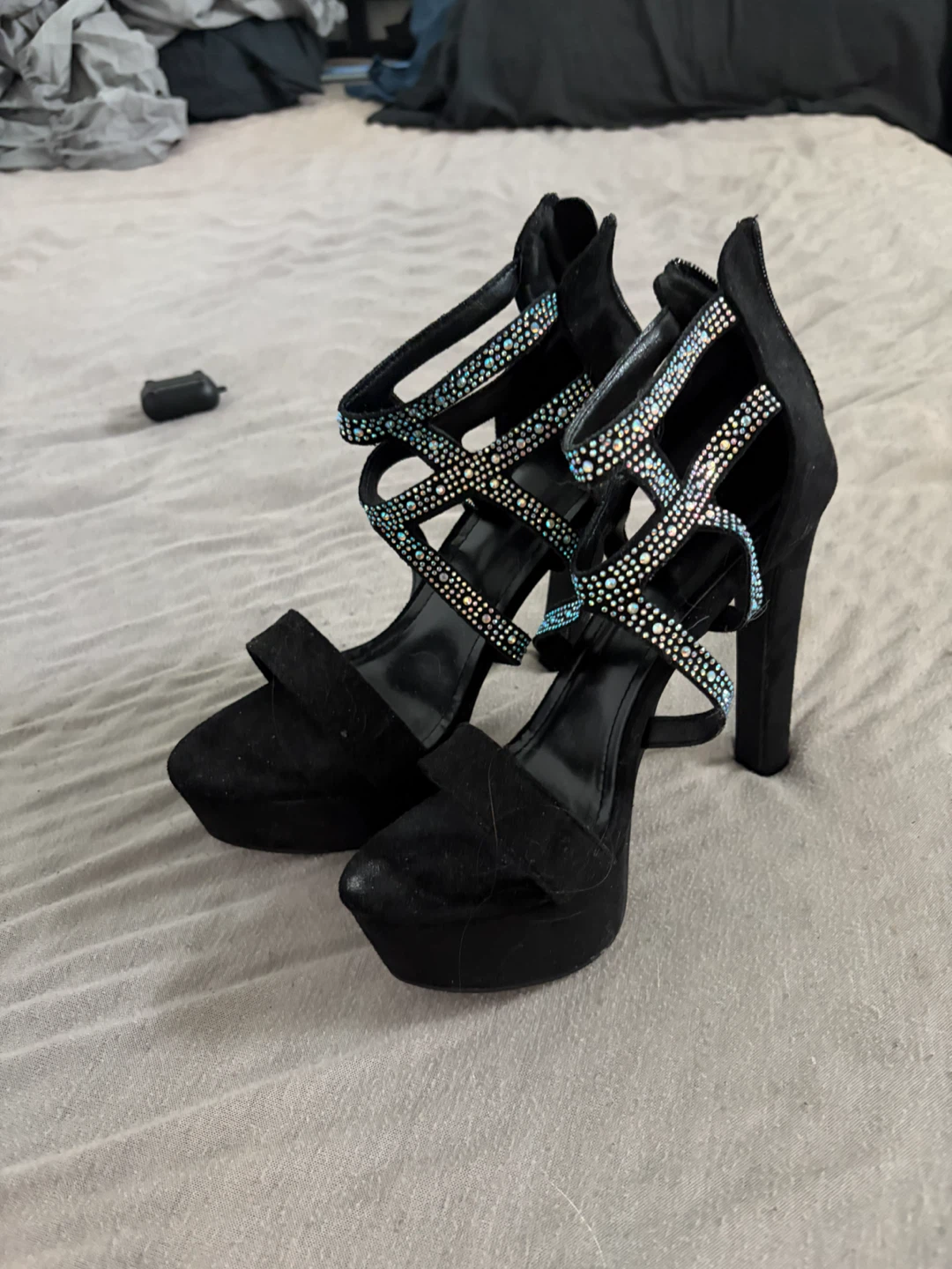 Black Platform Heels with Rhinestone Straps
