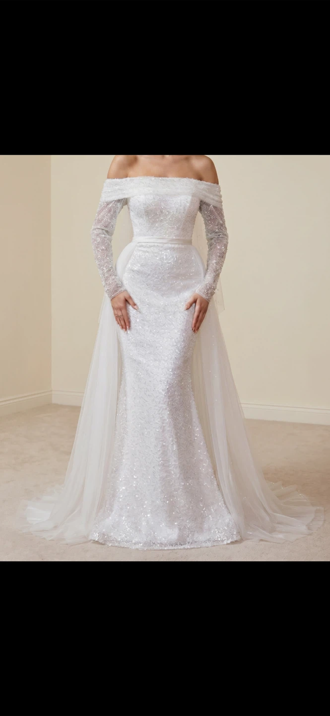 Sequin Off-the-Shoulder Wedding Dress with Detachable Skirt