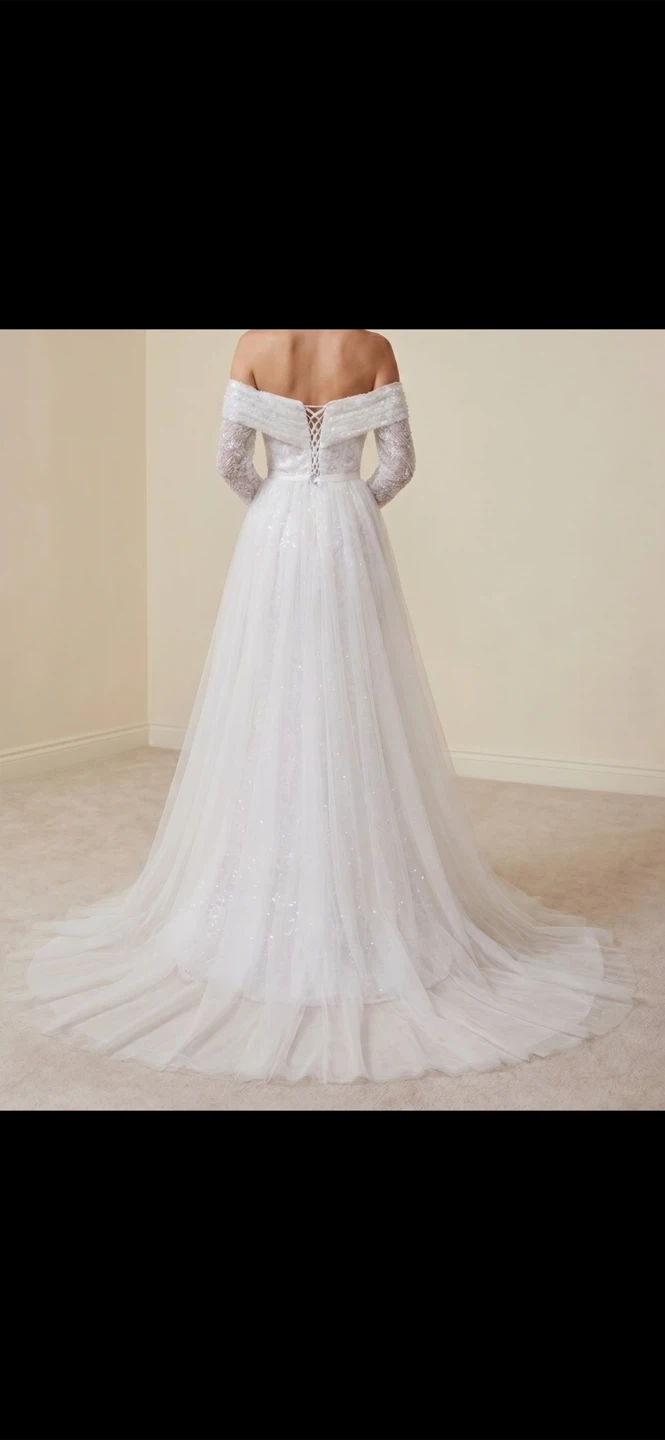Sequin Off-the-Shoulder Wedding Dress with Detachable Skirt - photo 2