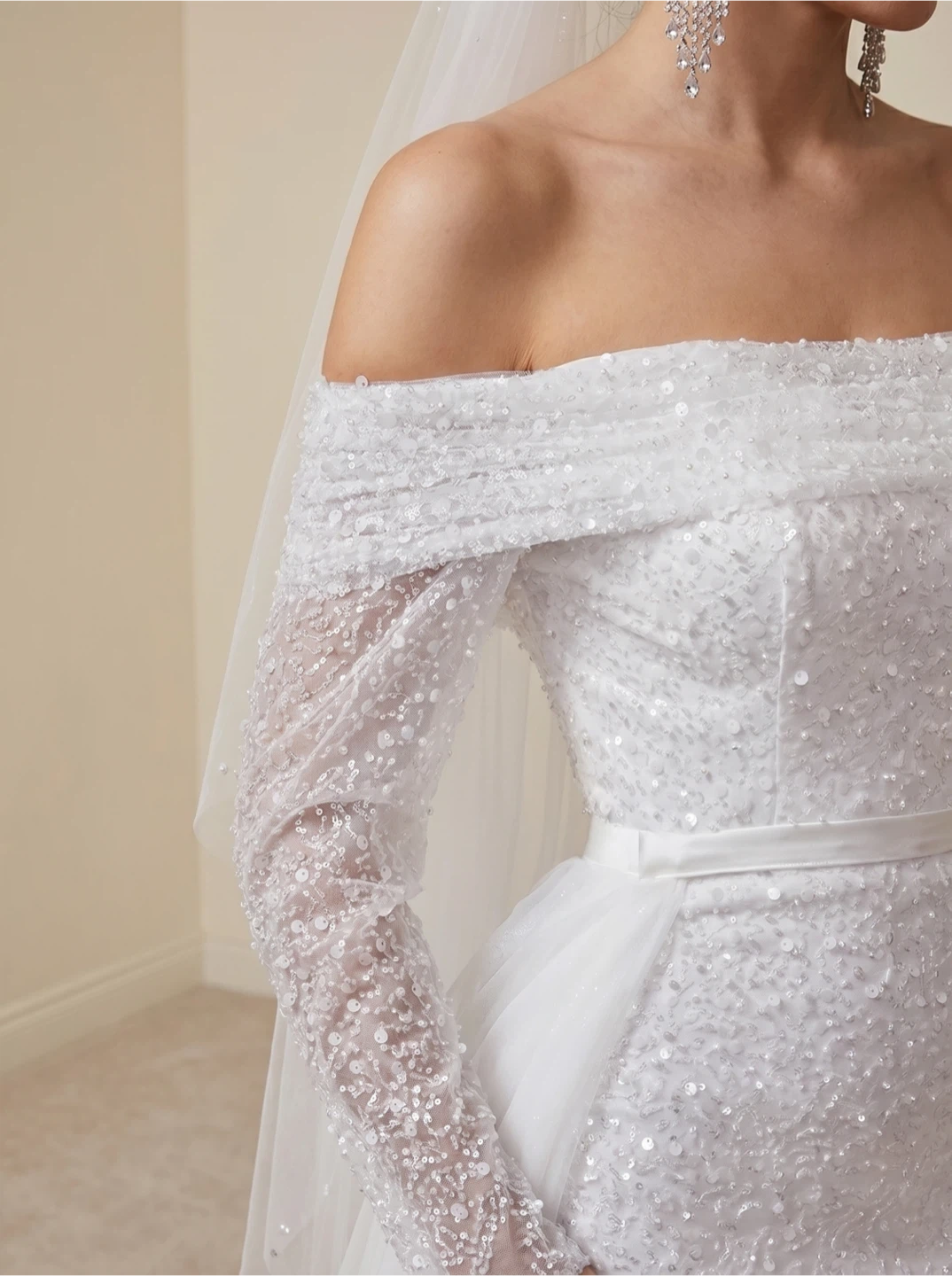 Sequin Off-the-Shoulder Wedding Dress with Detachable Skirt - photo 3