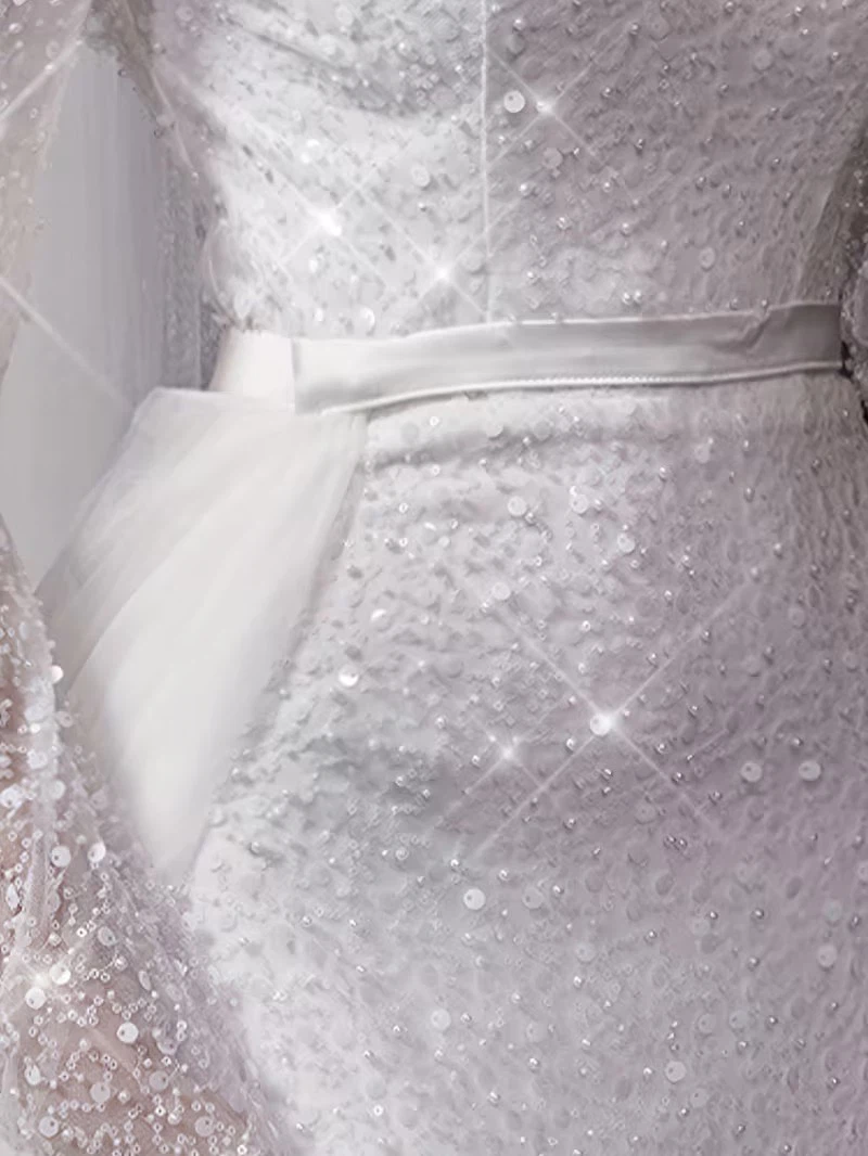 Sequin Off-the-Shoulder Wedding Dress with Detachable Skirt - photo 4
