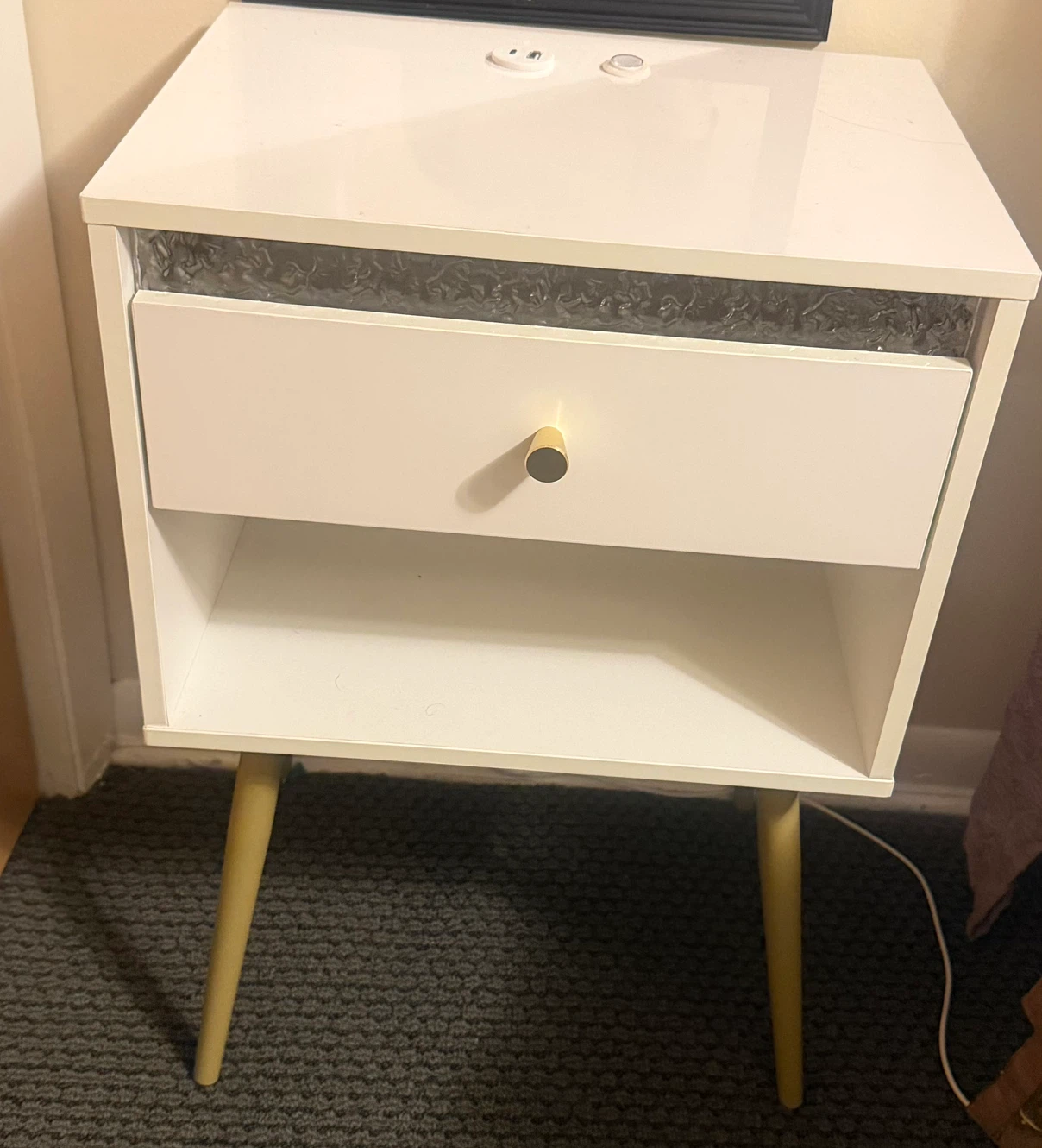 White Nightstand with Drawer and Tapered Legs