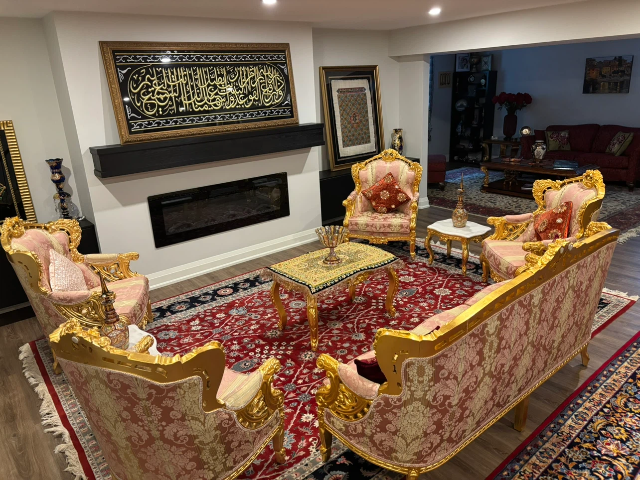 Ornate Gold and Pink Upholstered Sofa Set