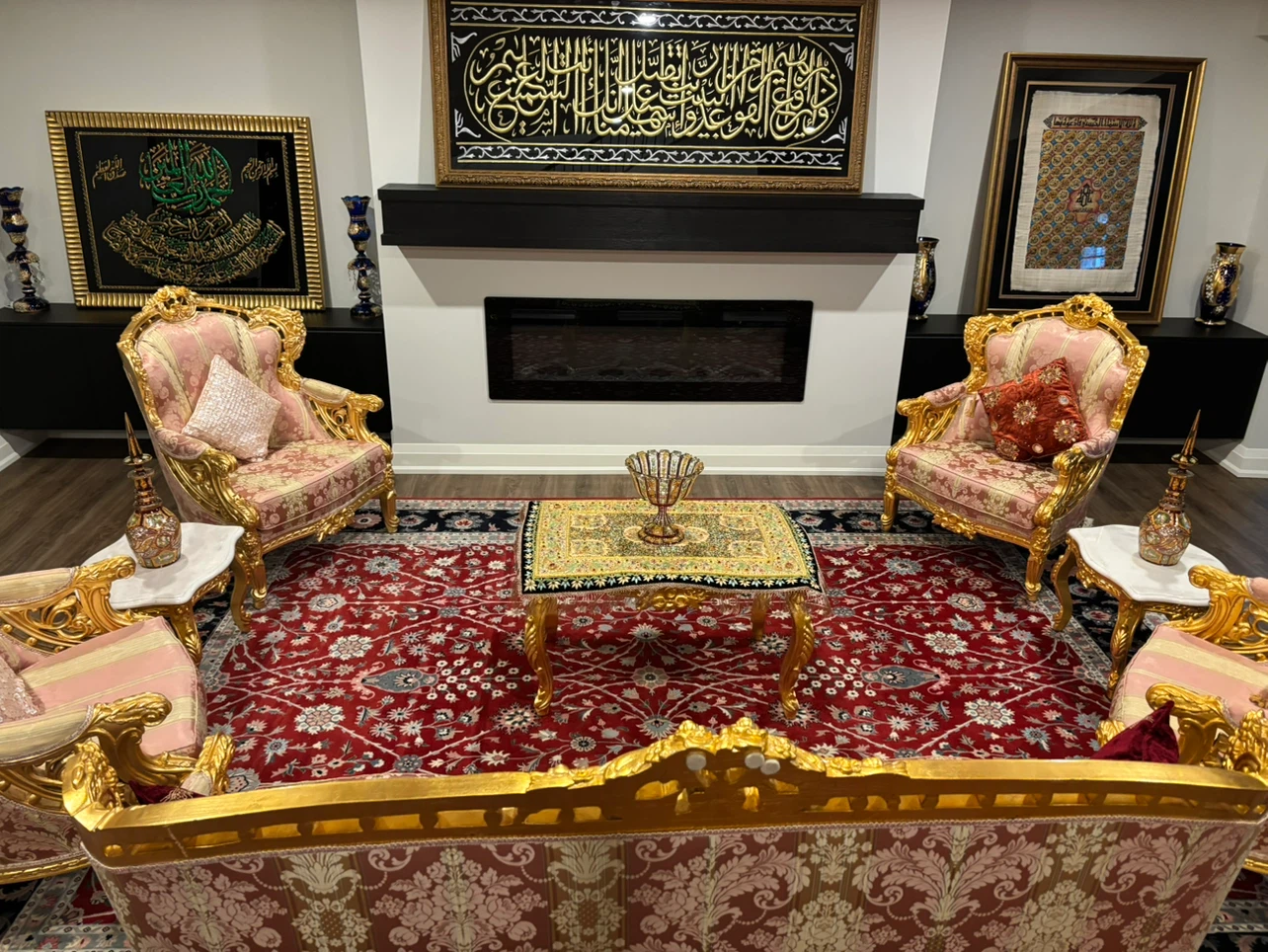 Ornate Gold and Pink Upholstered Sofa Set - photo 2