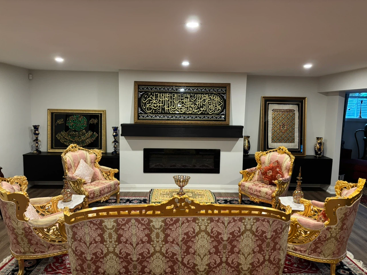 Ornate Gold and Pink Upholstered Sofa Set - photo 3