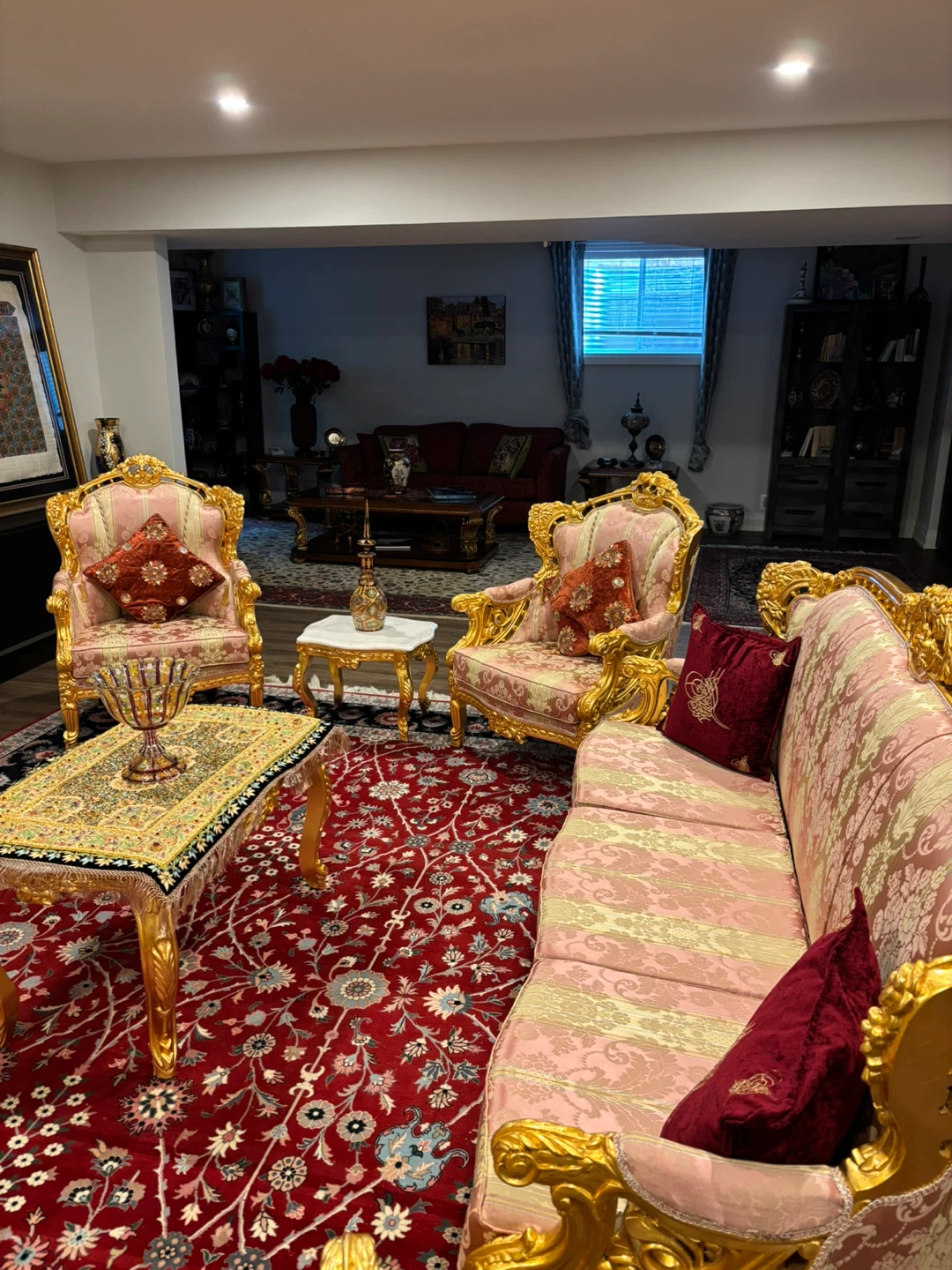 Ornate Gold and Pink Upholstered Sofa Set - photo 5