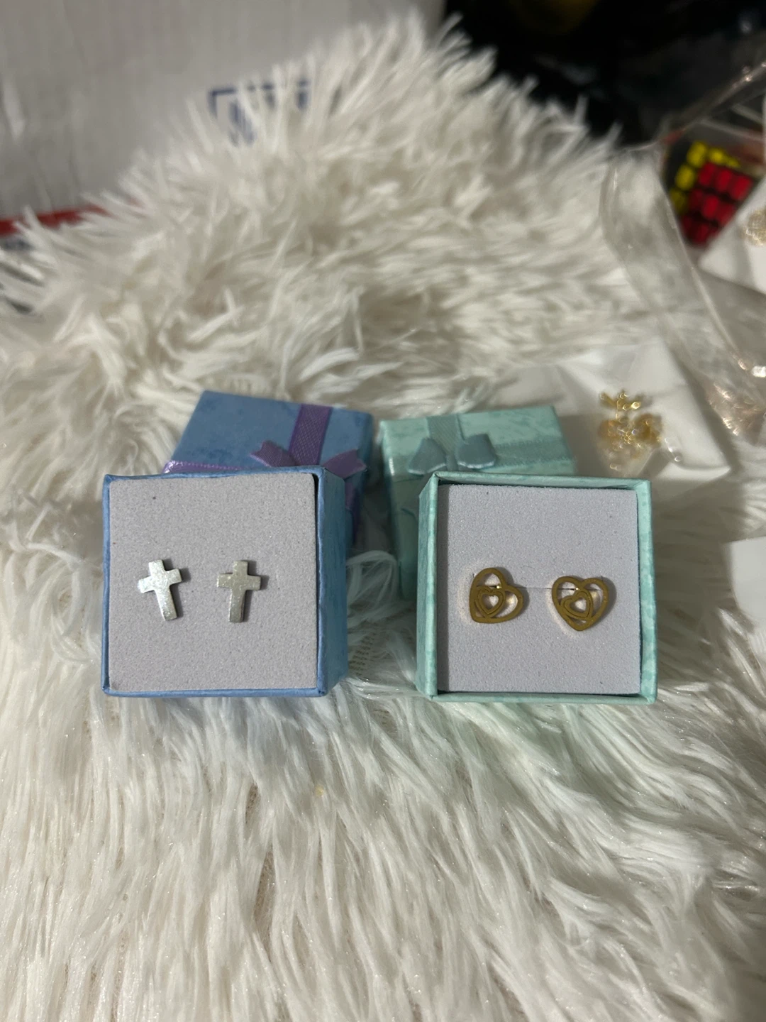 2 Pairs of Earrings - Cross and Heart Designs