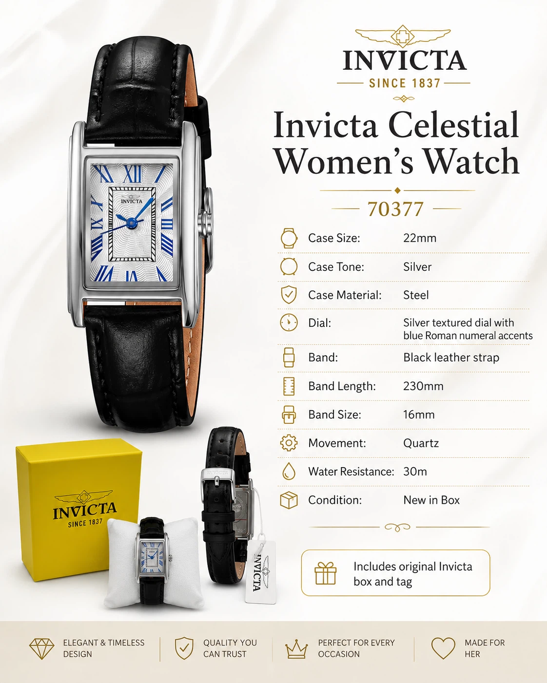 Invicta Celestial 70377 Women’s 22mm Roman Black Leather Watch - photo 2