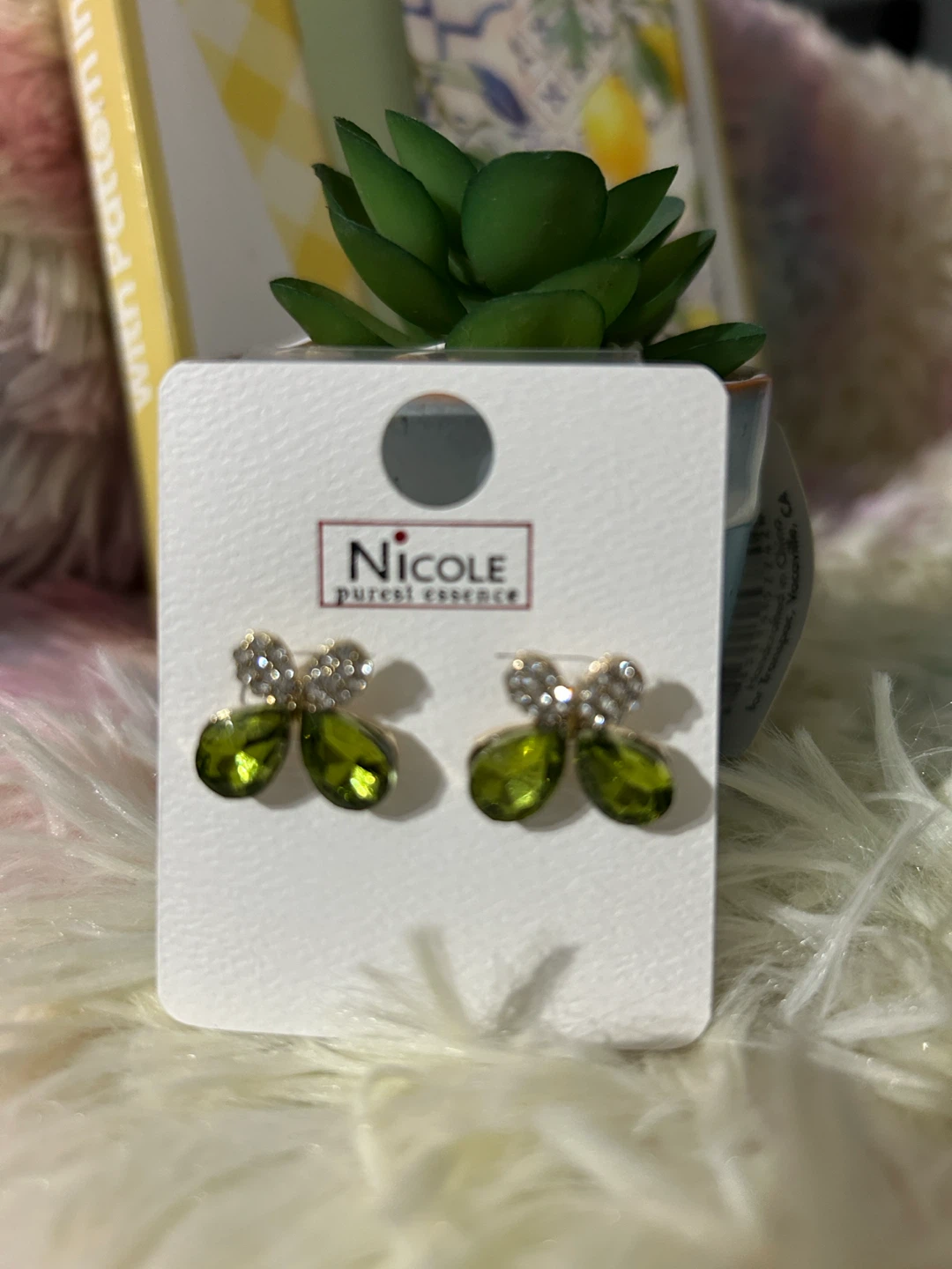 Nicole "Purest Essence" Green Gem & Crystal Bow Earrings