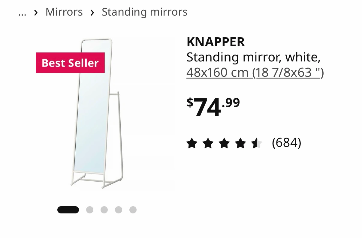 IKEA KNAPPER Standing Mirror White 48x160 cm