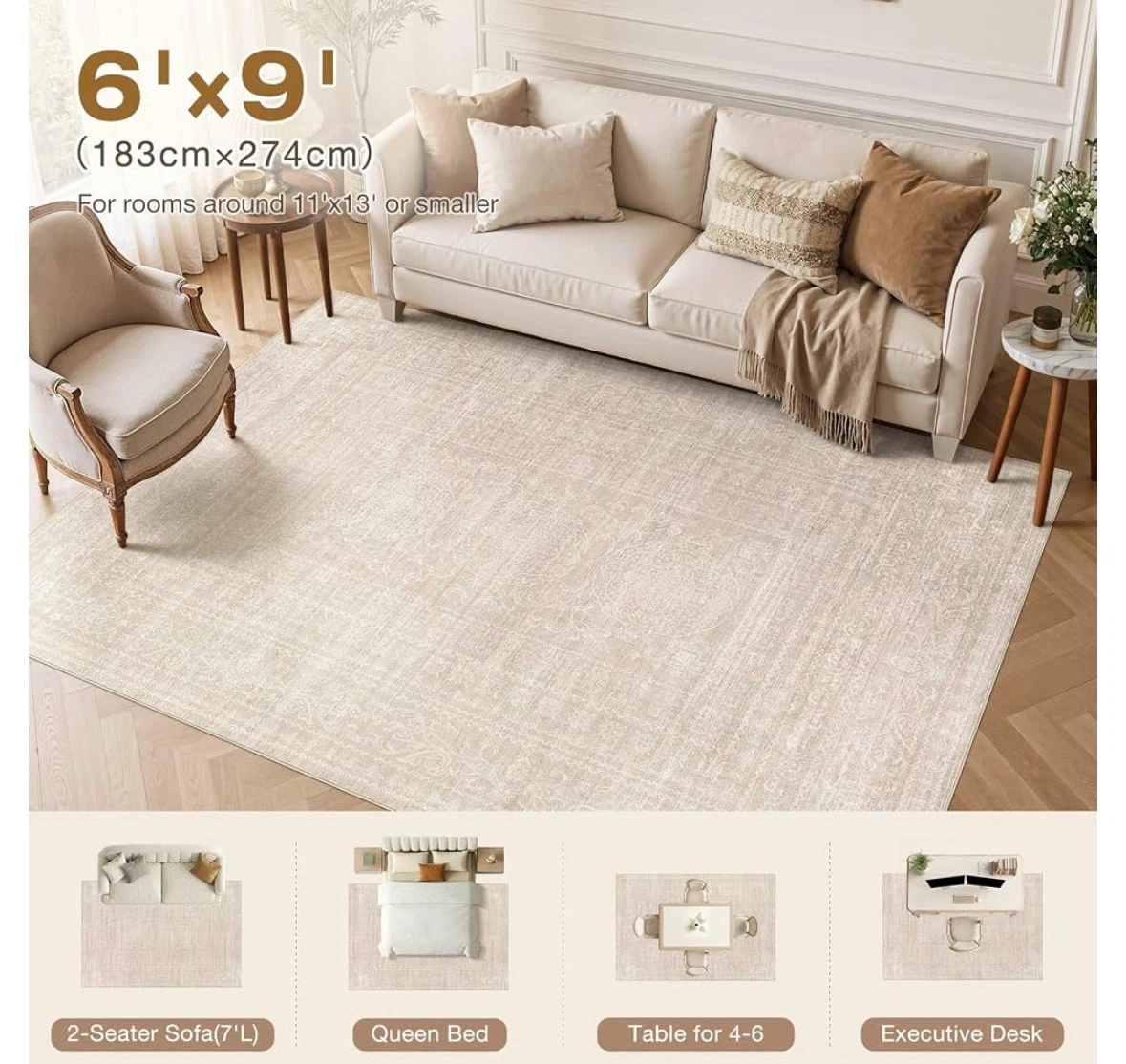 6'x9' Area Rug - Cream Oriental Pattern