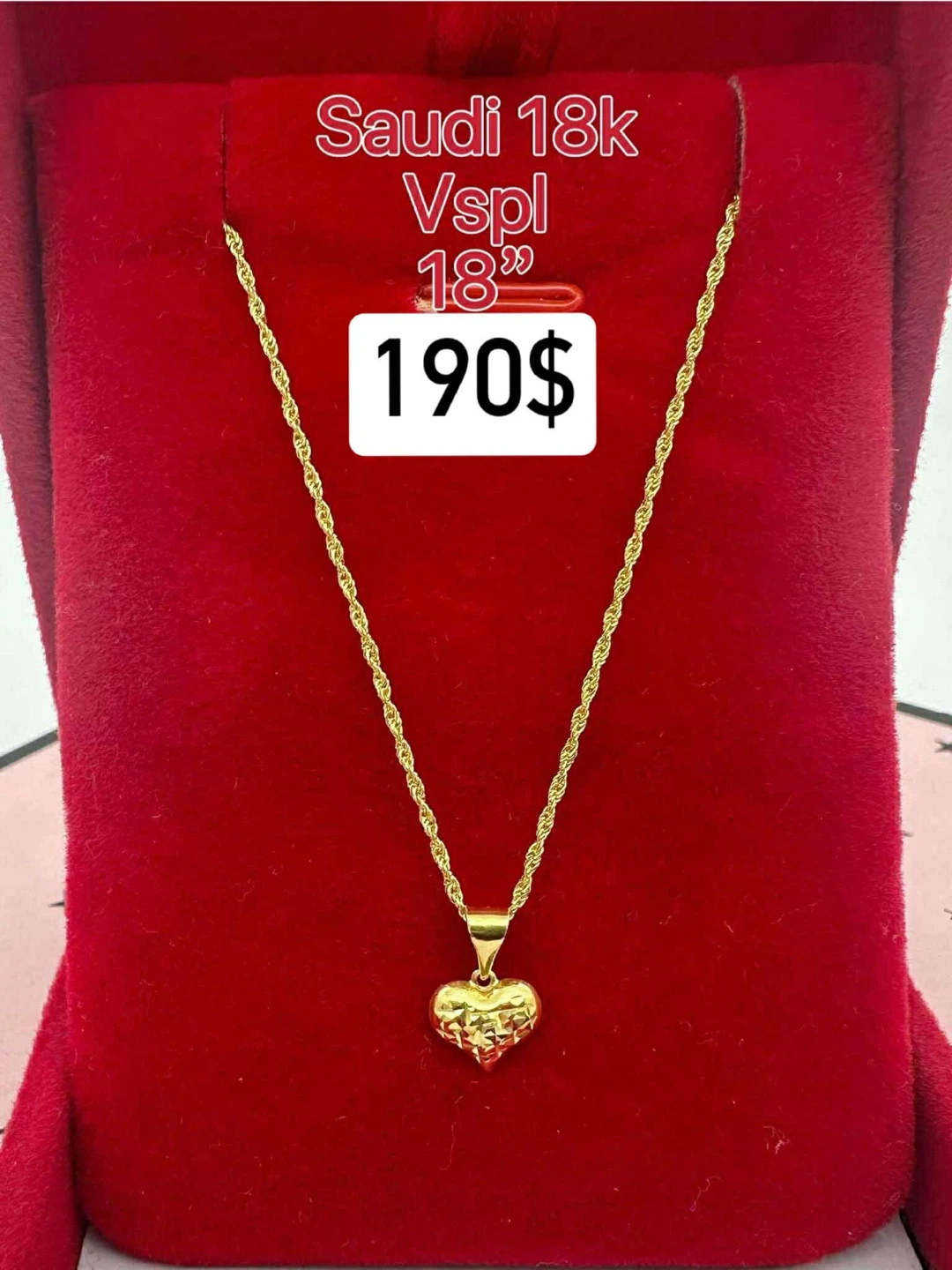 Saudi 18k Gold Heart Pendant Necklace - 18"