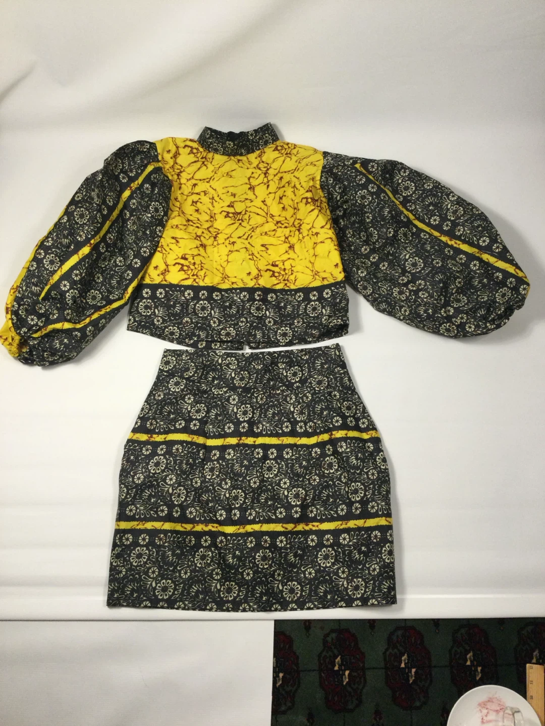 Yellow & Black Print Top and Skirt Set Size L