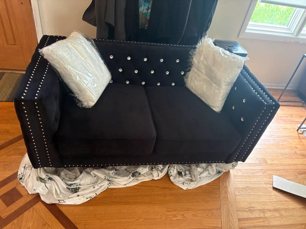 Black Velvet Loveseat Sofa with Crystal Buttons and Silver Studs