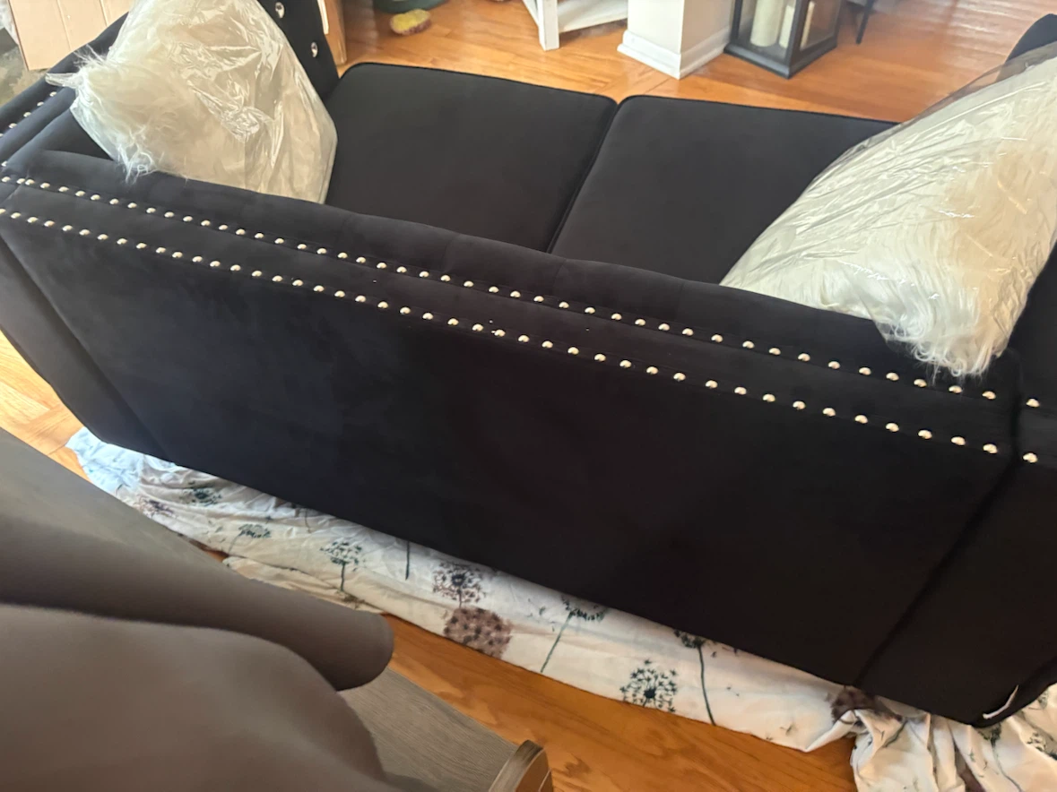Black Velvet Loveseat Sofa with Crystal Buttons and Silver Studs - photo 2