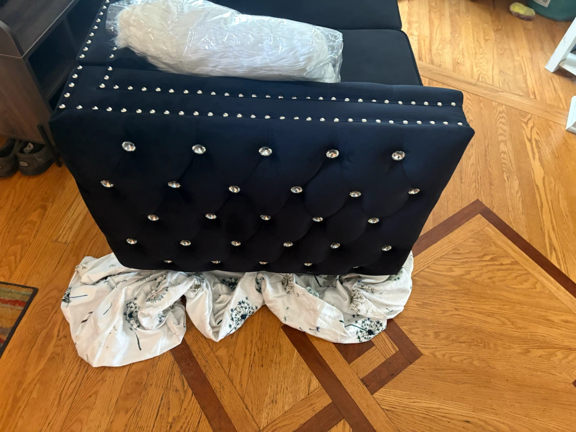 Black Velvet Loveseat Sofa with Crystal Buttons and Silver Studs - photo 3