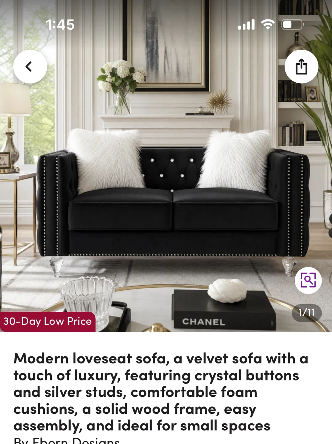 Black Velvet Loveseat Sofa with Crystal Buttons and Silver Studs - photo 4