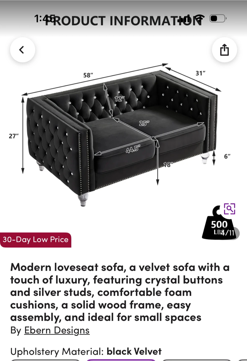 Black Velvet Loveseat Sofa with Crystal Buttons and Silver Studs - photo 5