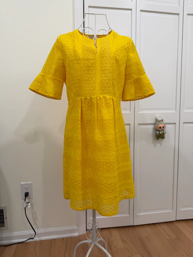 Sandro Yellow Eyelet Dress with Ruffle Sleeves