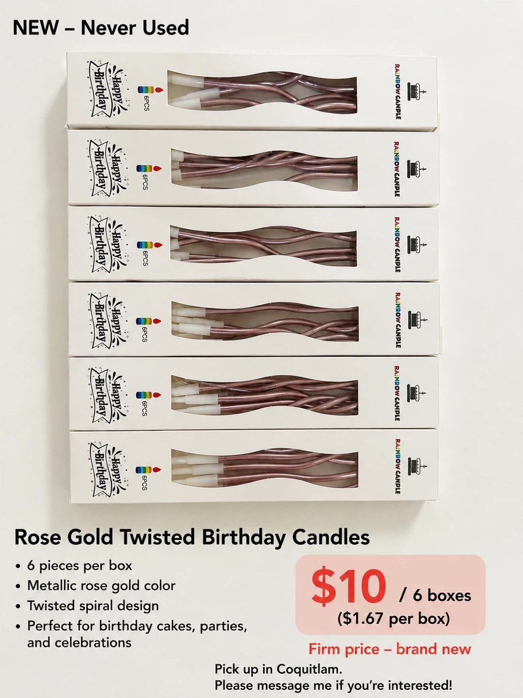 Brand New Rose Gold Twisted Birthday Candles – 6 Boxes