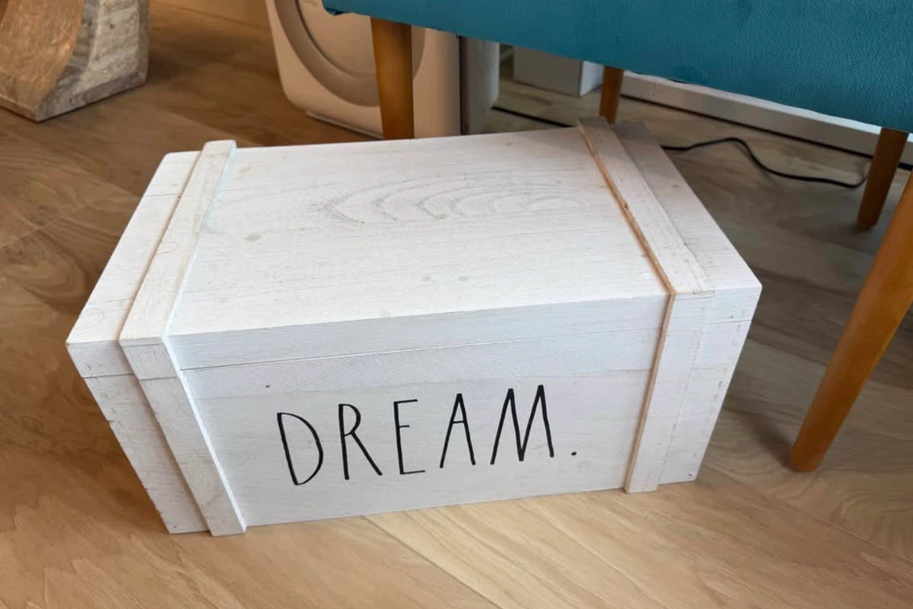 White Wooden Storage Chest with 'DREAM' print