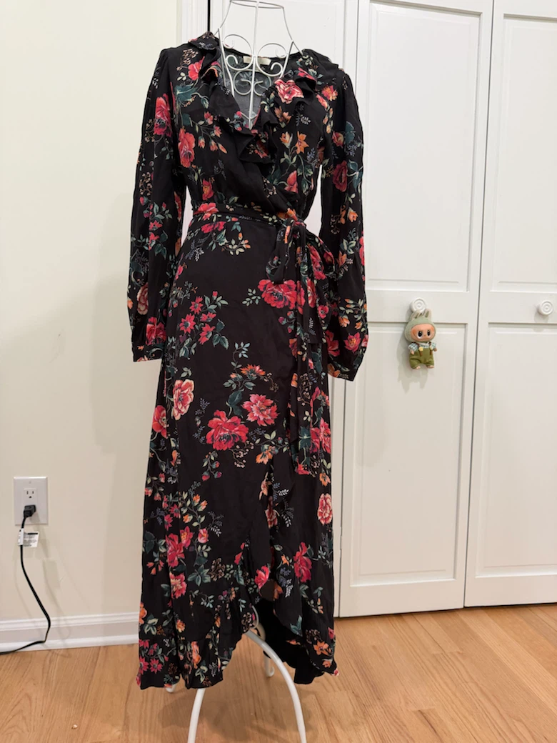 Black Floral Wrap Dress with Ruffle Trim