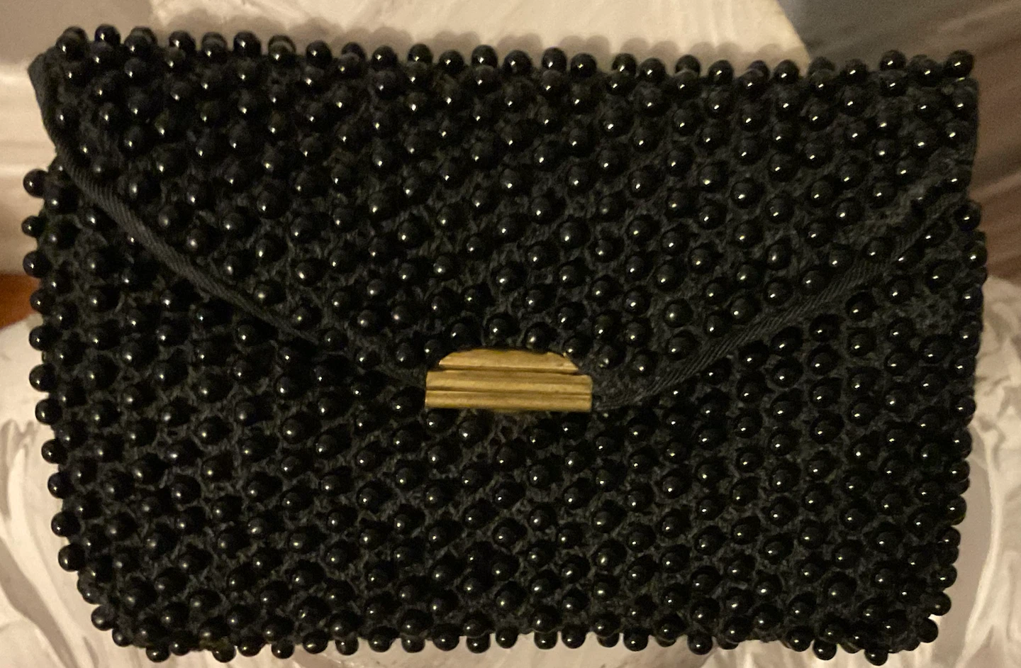 Vintage 1950s Style Little Black Beaded Purse / Lipstick Holder