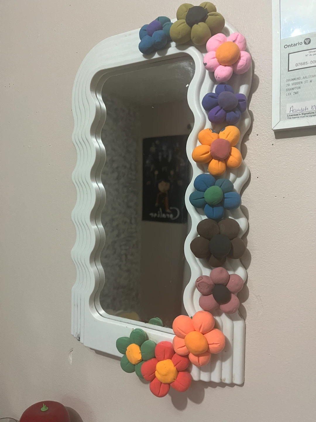 White Mirror with Clay Flower Embellishments