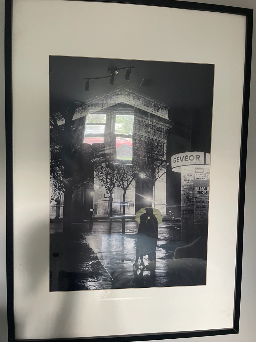 Framed "The Kiss" Photo Print with Yellow Umbrella