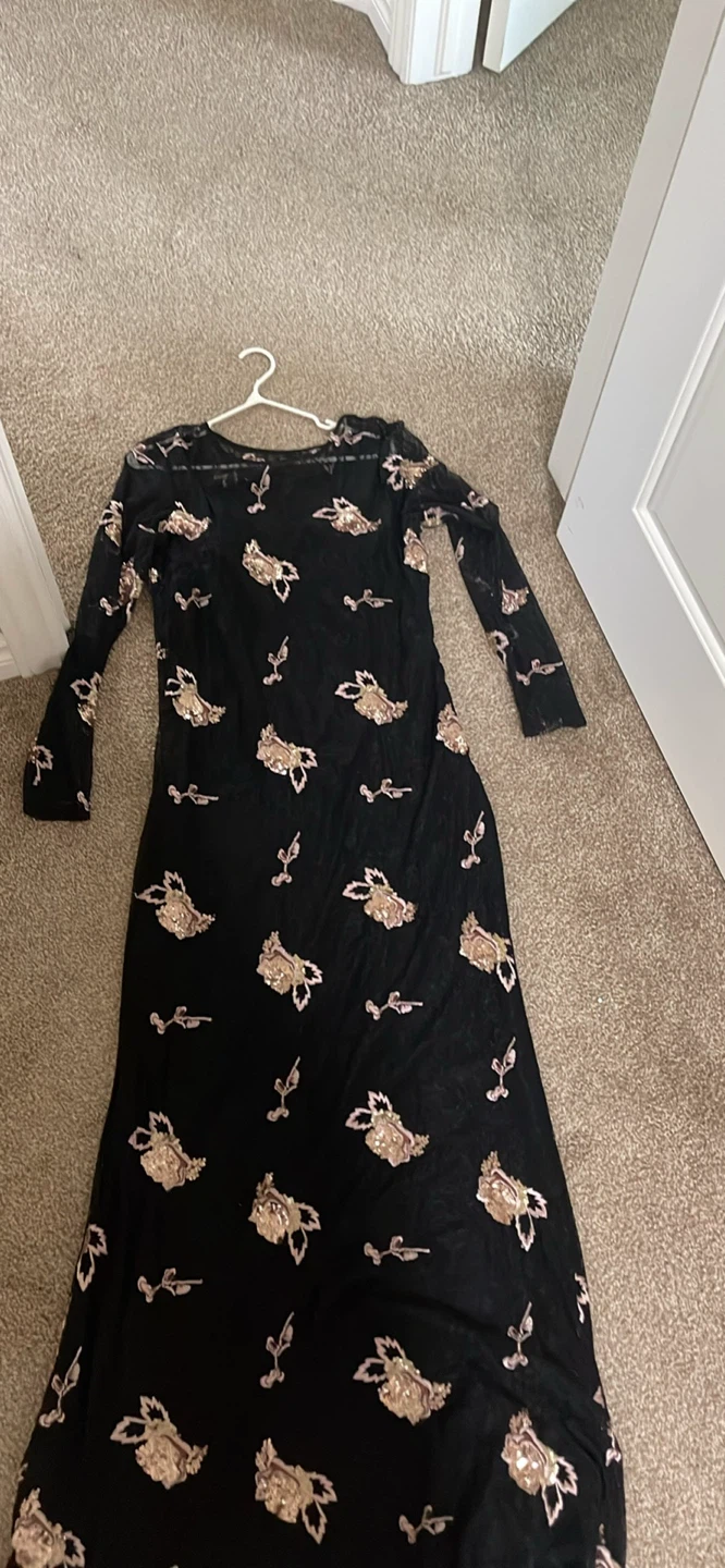 Black sequined floral long sleeve maxi dress