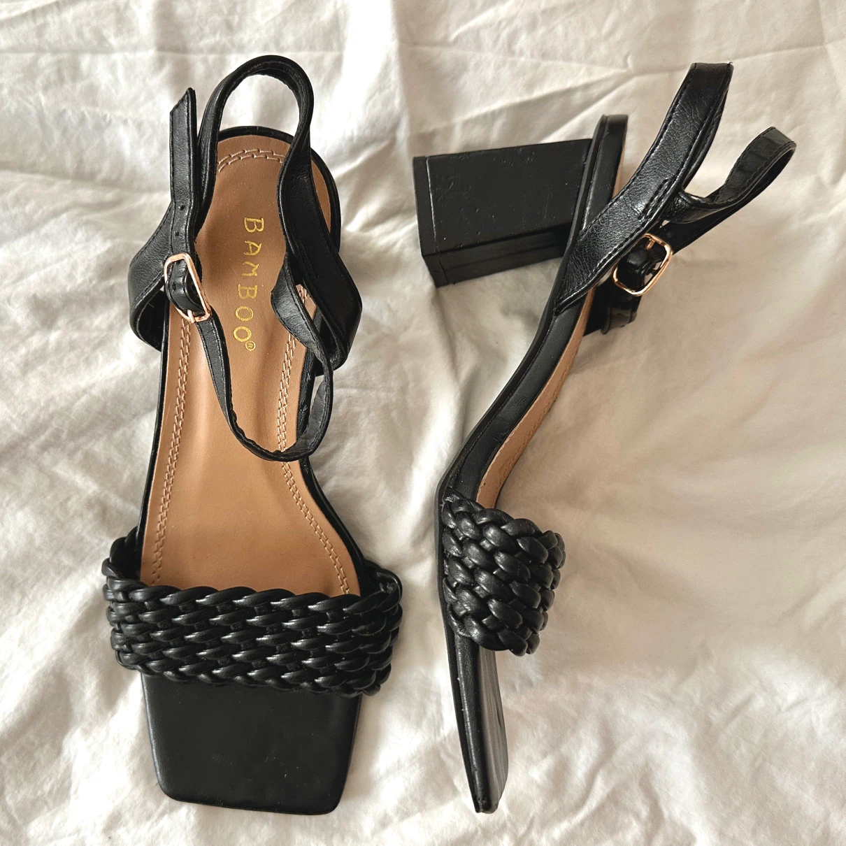 Black Woven Block Heel Sandals