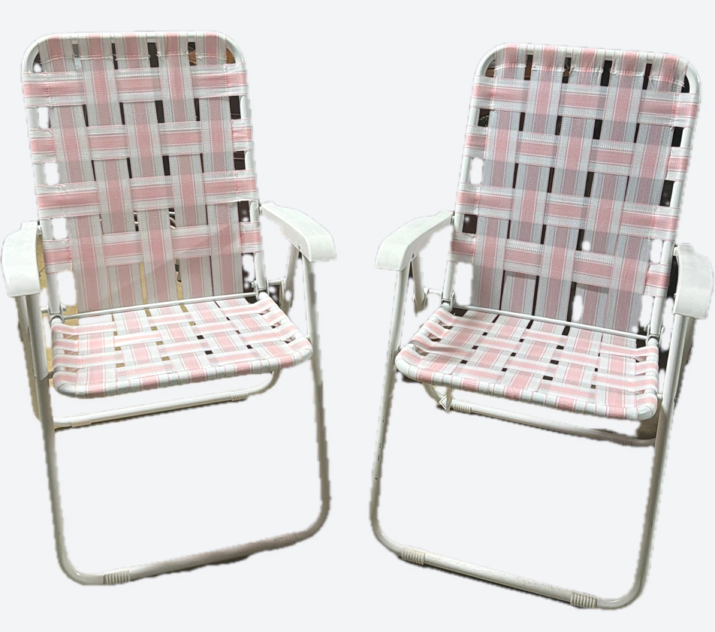 Vintage Pink and White Webbed Folding Chairs - Set of 2