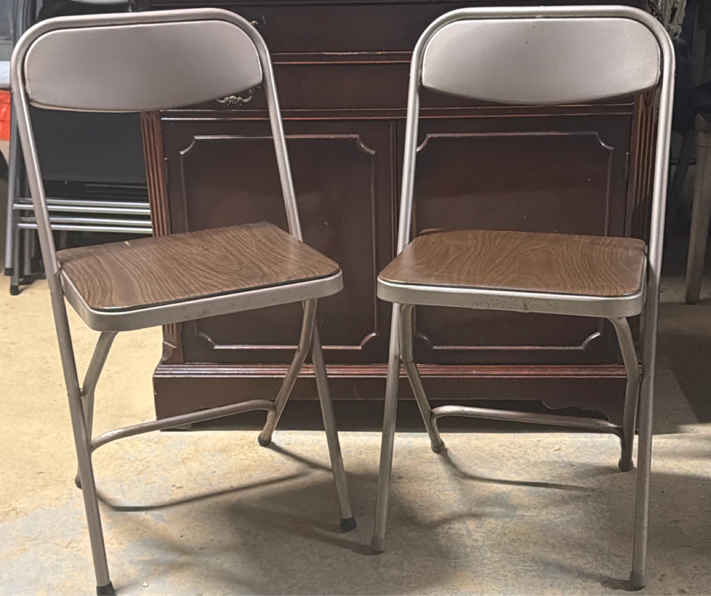 Folding Chairs Set of 2 - Metal Frame, Wood Grain Seats